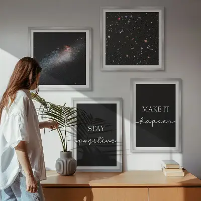 Composição de quadros com slogans motivacionais e tema de estrelas no espaço