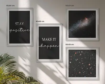 Composição de quadros com slogans motivacionais e tema de estrelas no espaço
