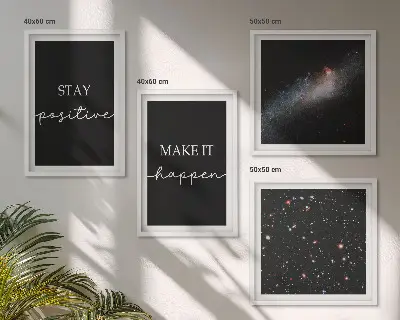 Composição de quadros com slogans motivacionais e tema de estrelas no espaço