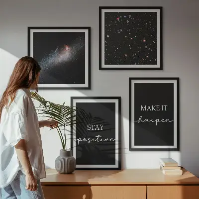 Composição de quadros com slogans motivacionais e tema de estrelas no espaço