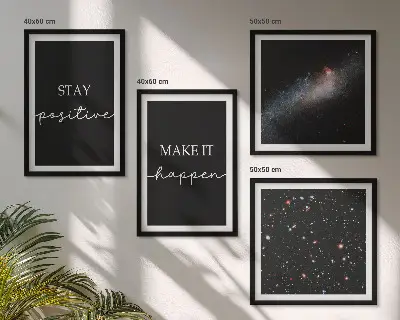 Composição de quadros com slogans motivacionais e tema de estrelas no espaço