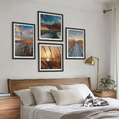 Conjunto de 4 quadros com moldura Cais com relva e farol
