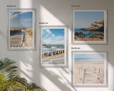 Políptico com moldura Praia, areia, ondas, céu, pássaros