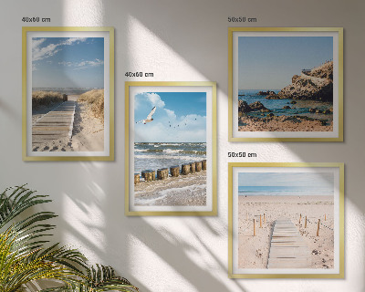 Políptico com moldura Praia, areia, ondas, céu, pássaros