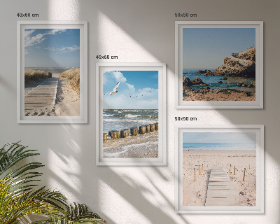 Políptico com moldura Praia, areia, ondas, céu, pássaros