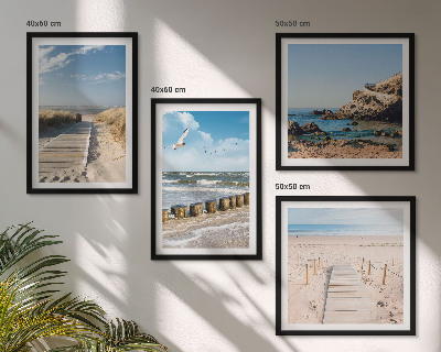 Políptico com moldura Praia, areia, ondas, céu, pássaros