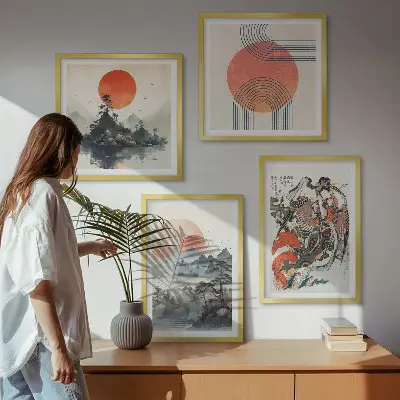 Composição de quadros paisagens asiáticas estilo japandi
