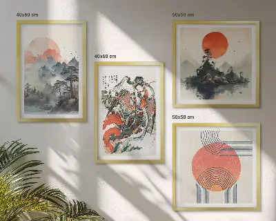 Composição de quadros paisagens asiáticas estilo japandi