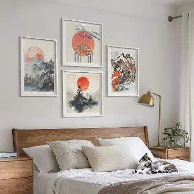 Composição de quadros paisagens asiáticas estilo japandi