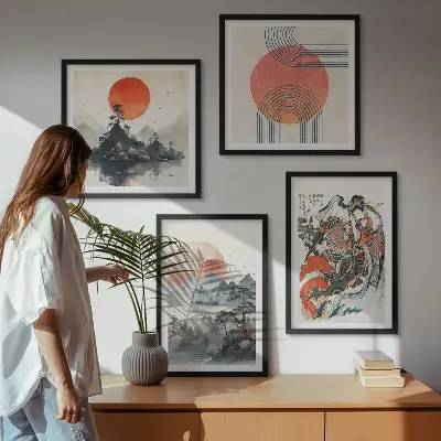 Composição de quadros paisagens asiáticas estilo japandi