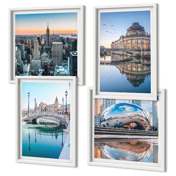 Conjunto de 4 quadros com moldura Arquitetura de cidades sobre a água