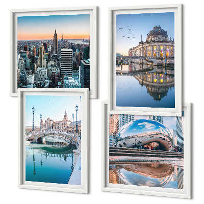 Conjunto de 4 quadros com moldura Arquitetura de cidades sobre a água