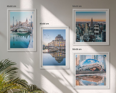 Conjunto de 4 quadros com moldura Arquitetura de cidades sobre a água