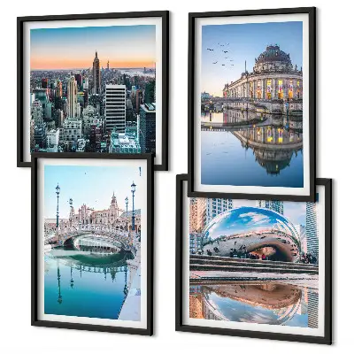 Conjunto de 4 quadros com moldura com tema de arquitetura de cidades sobre a água