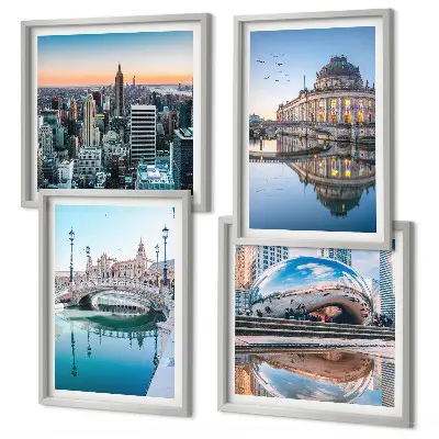 Conjunto de 4 quadros com moldura com tema de arquitetura de cidades sobre a água