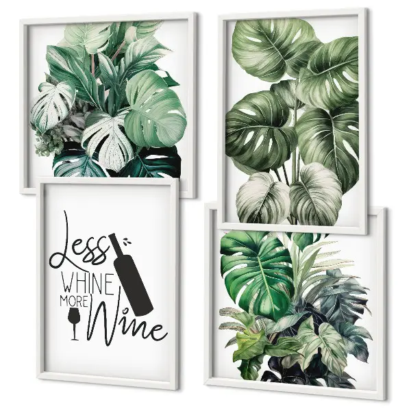 Conjunto de 4 quadros com moldura estampa de folhas verdes de videira