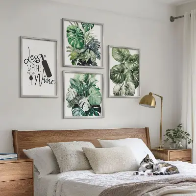 Conjunto de 4 quadros com moldura estampa de folhas verdes de videira