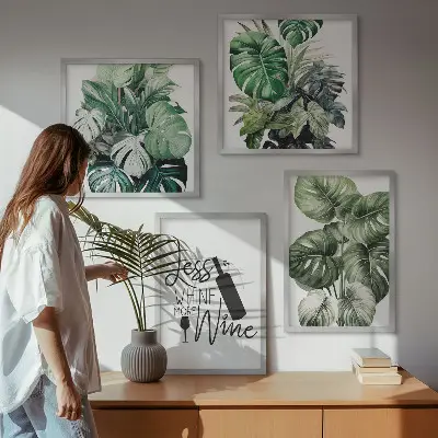 Conjunto de 4 quadros com moldura estampa de folhas verdes de videira