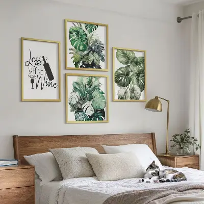 Conjunto de 4 quadros com moldura estampa de folhas verdes de videira
