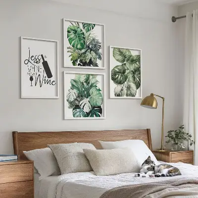 Conjunto de 4 quadros com moldura estampa de folhas verdes de videira