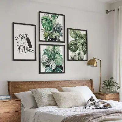 Conjunto de 4 quadros com moldura estampa de folhas verdes de videira