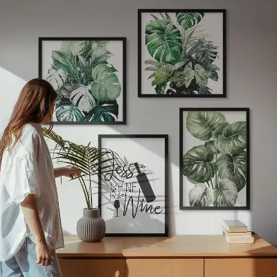 Conjunto de 4 quadros com moldura estampa de folhas verdes de videira