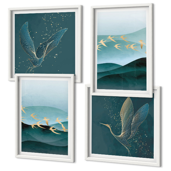 Políptico com moldura Paisagens abstratas de ondas de pássaros