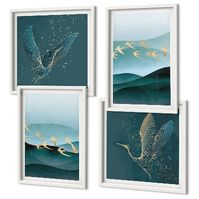 Políptico com moldura Paisagens abstratas de ondas de pássaros
