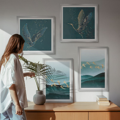 Políptico com moldura Paisagens abstratas de ondas de pássaros