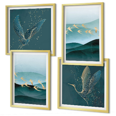 Políptico com moldura Paisagens abstratas de ondas de pássaros