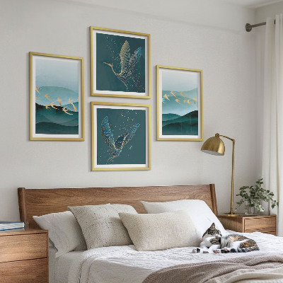 Políptico com moldura Paisagens abstratas de ondas de pássaros
