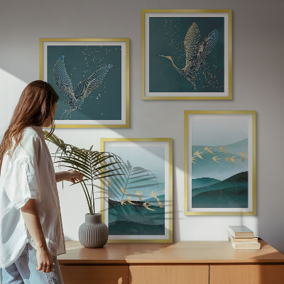 Políptico com moldura Paisagens abstratas de ondas de pássaros