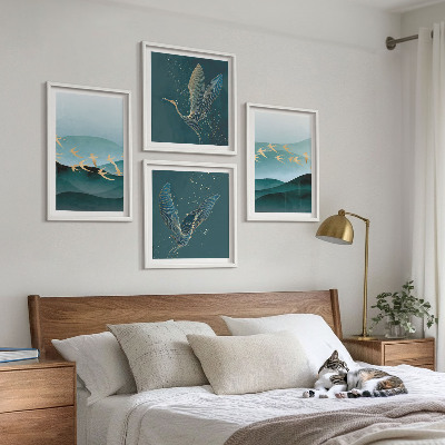 Políptico com moldura Paisagens abstratas de ondas de pássaros