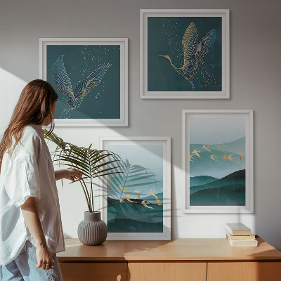 Políptico com moldura Paisagens abstratas de ondas de pássaros