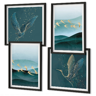 Políptico com moldura Paisagens abstratas de ondas de pássaros