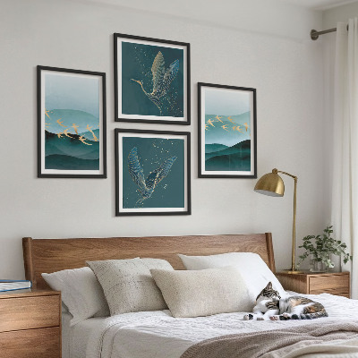 Políptico com moldura Paisagens abstratas de ondas de pássaros