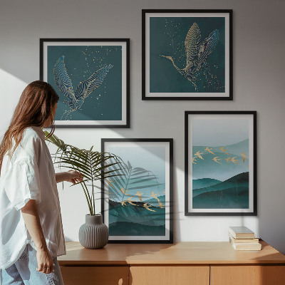 Políptico com moldura Paisagens abstratas de ondas de pássaros