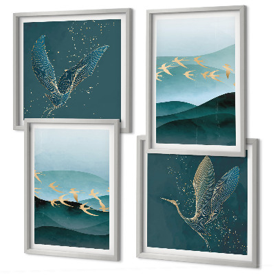 Políptico com moldura Paisagens abstratas de ondas de pássaros