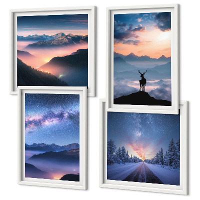 Composição de quadros céu noturno montanhas nevoeiro veado