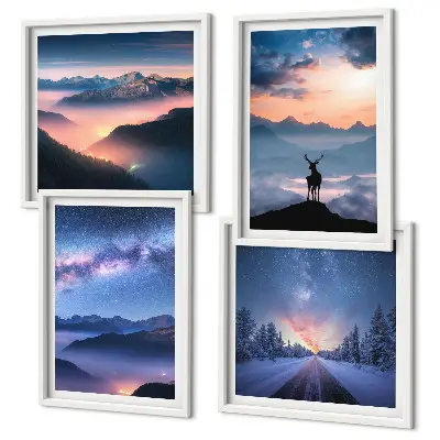 Composição de quadros de céu noturno com montanhas, nevoeiro e veado