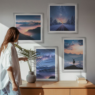 Composição de quadros céu noturno montanhas nevoeiro veado