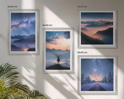 Composição de quadros de céu noturno com montanhas, nevoeiro e veado