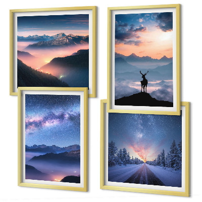 Composição de quadros céu noturno montanhas nevoeiro veado