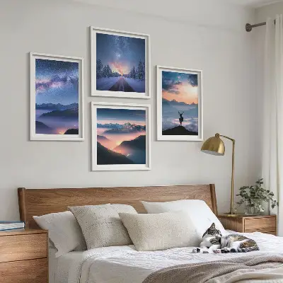 Composição de quadros de céu noturno com montanhas, nevoeiro e veado