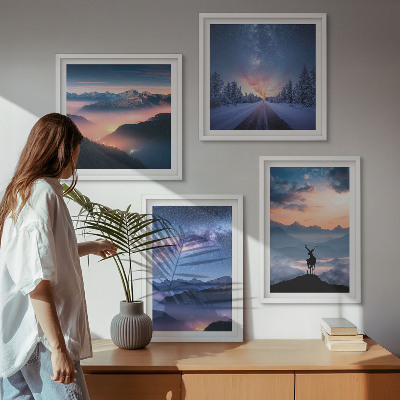 Composição de quadros céu noturno montanhas nevoeiro veado