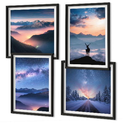 Composição de quadros céu noturno montanhas nevoeiro veado