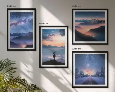 Composição de quadros de céu noturno com montanhas, nevoeiro e veado
