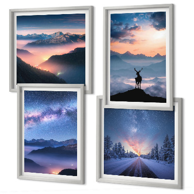Composição de quadros céu noturno montanhas nevoeiro veado