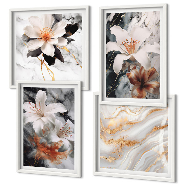 Conjunto de 4 quadros com moldura Flores mármore branco preto
