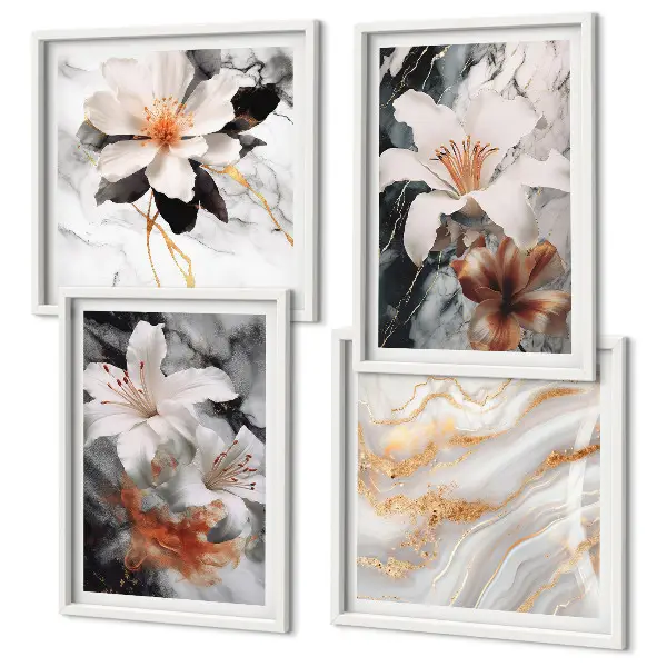 Conjunto de 4 quadros com moldura flores mármore preto e branco